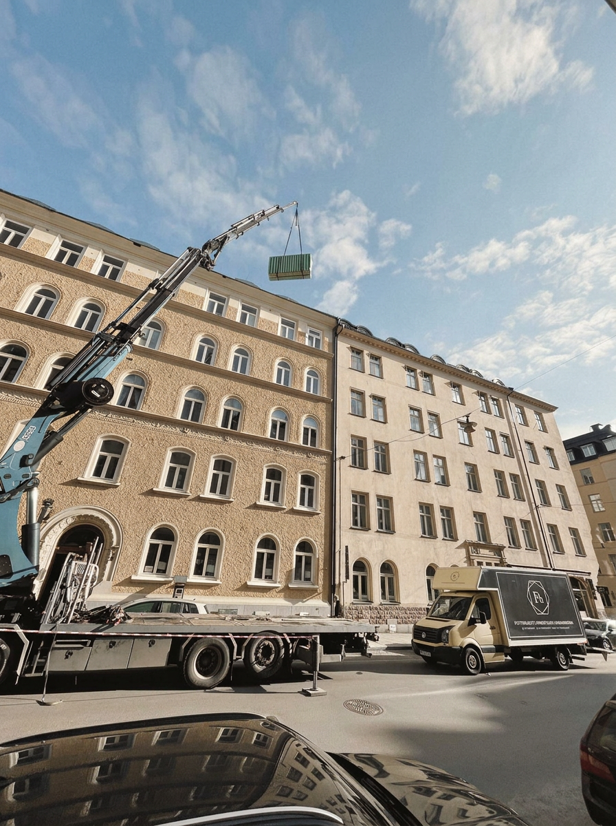 Kranlyft till våning fem, Stockholm. Uppdrag utfört av Flyttbolaget