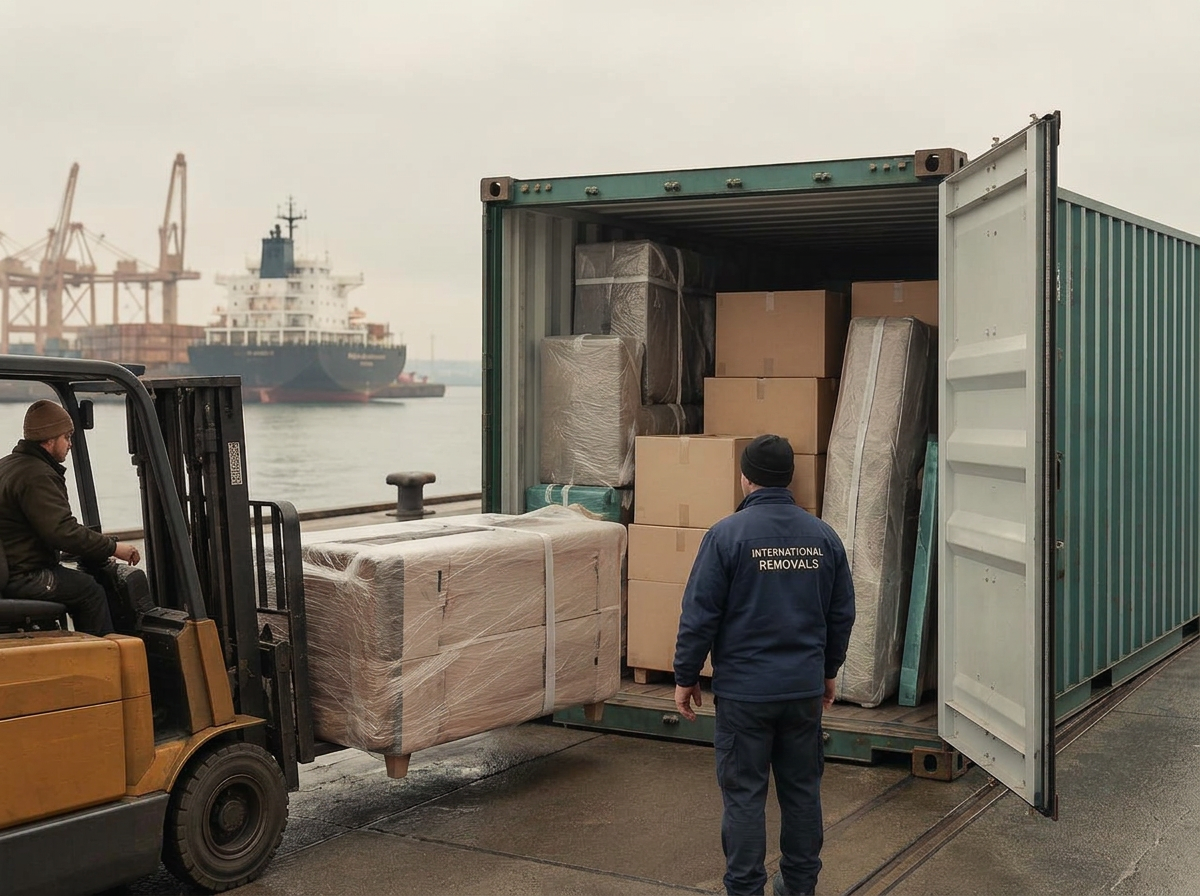 Inplastade möbler lastas i en container för utlandsflytt